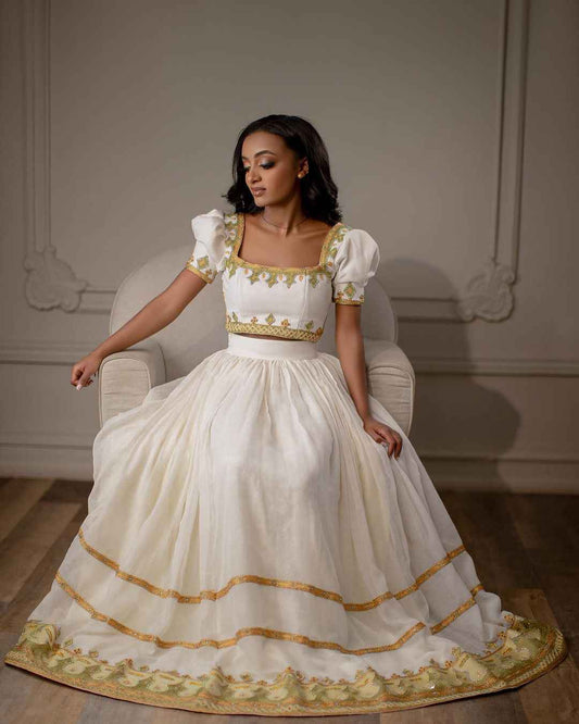 Two-Stirps Gold Embroidered Habesha - Modern Ethiopian Dress for Women, Zuria-Inspired Bezawit