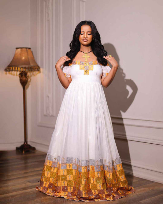Golden &Silver Festive Habesha Dress - Traditional Ethiopian Dress, Zuria Style Habesha Kemis Bezawit