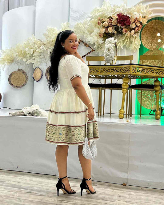 Modern Short White Habesha Dress - Contemporary Ethiopian Dress for Women Bezawit