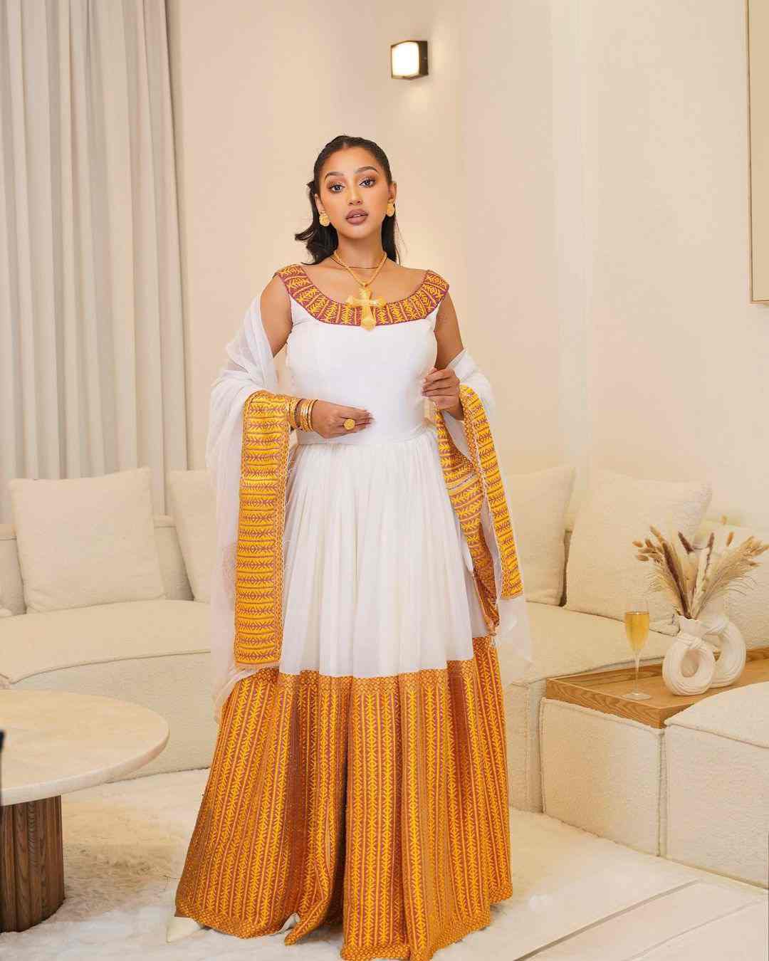 Flowing Yellow & White Habesha Dress with Sheer Shawl - Traditional Ethiopian Attire, Zuria Style