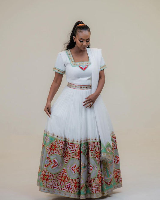 Vibrant Red & Green Ethiopian Habesha Kemis Dress - Handmade White Zuria with Colored Borders Bezawit