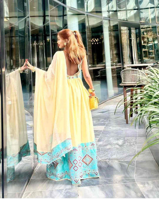 Elegant Modern Habesha Dress for Women - Stylish Yellow & Blue Ethiopian Cultural Attire Bezawit