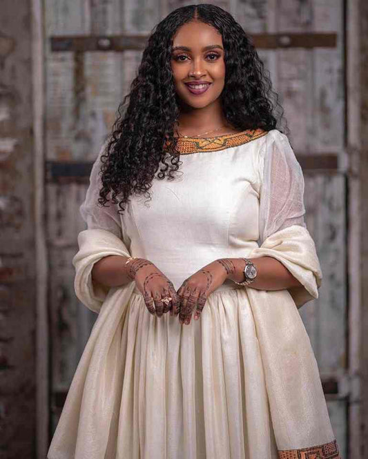 Traditional Ethiopian Dress in Cream with Red Patterns Bezawit