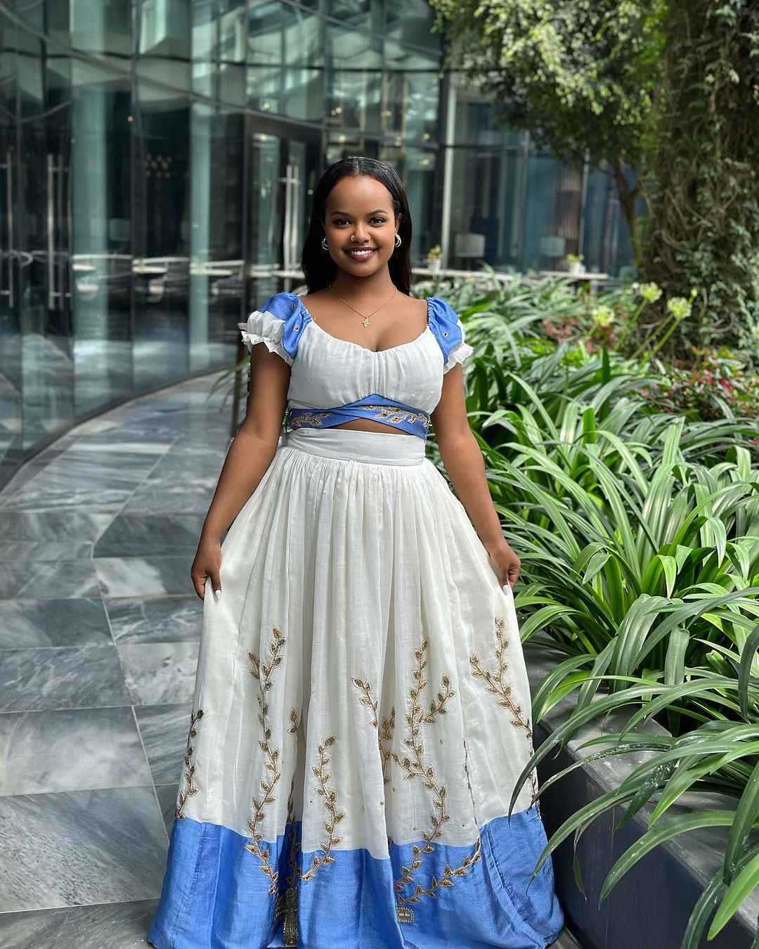 Chic Blue Habesha Dress - Contemporary Ethiopian Zuria with Geometric Patterns