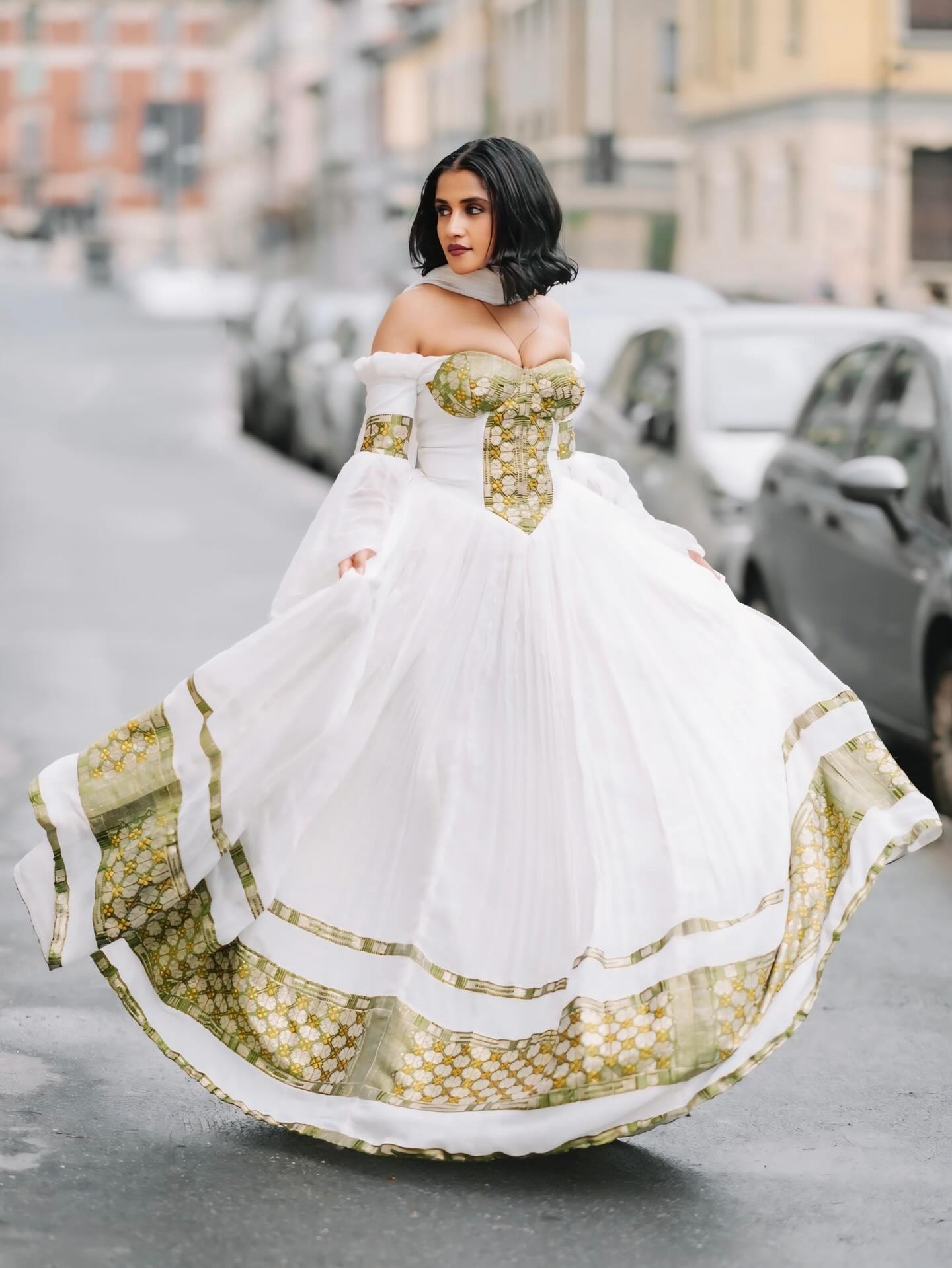 ethiopian dress traditional RAHELA Habesha Kemis Size:14L Asymmetrical Eucalyptus Spaghetti Straps the golden accents bring Foam Dressing