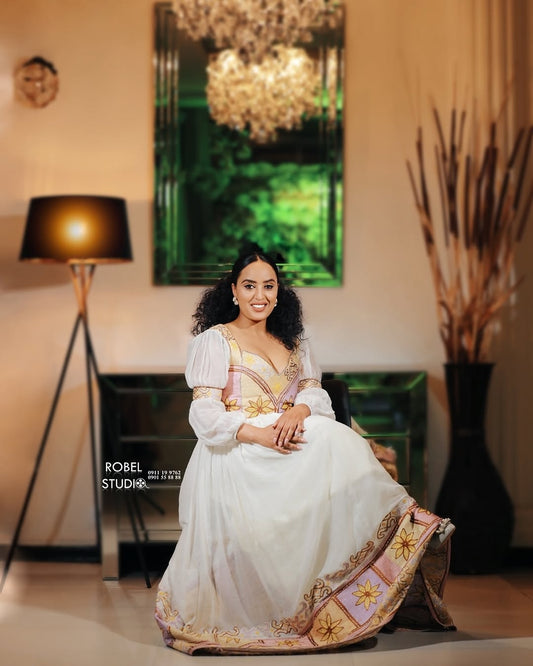 Gold Floral Habesha Dress
