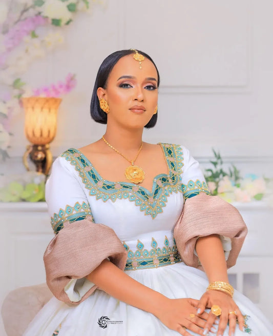Royal green Habesha Dress with Golden Tibeb – Handwoven Ethiopian Traditional Dress for Women