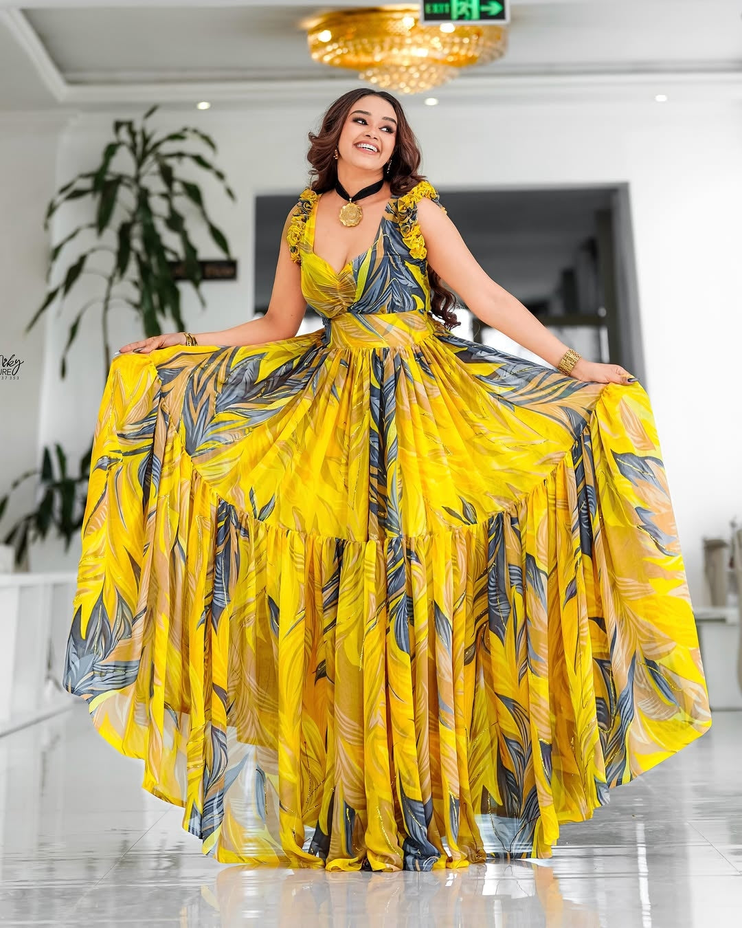 Modern Yellow Habesha Chiffon Dress with Abstract Design for Weddings