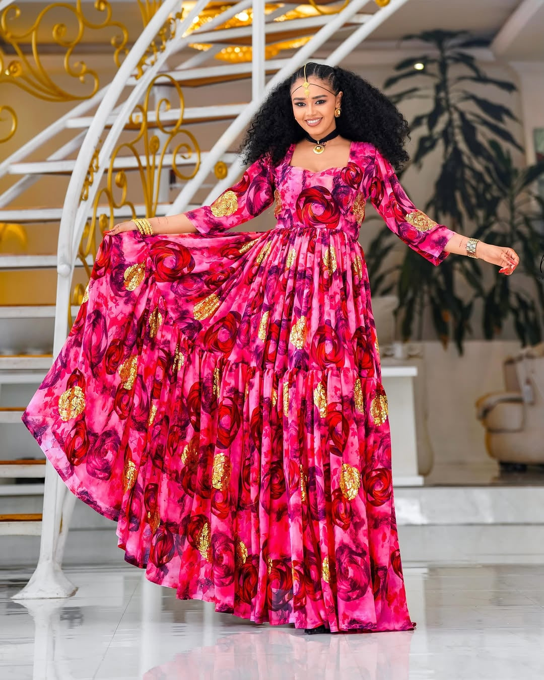 Pink Habesha Chiffon Dress – Elegant Floral Long Sleeve Traditional-In – Habesha Dress Store