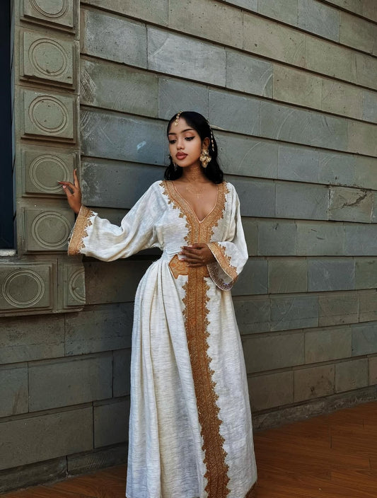 Gold Habesha Zuria – Bold Traditional Ethiopian & Eritrean Long Dress for Special Events
