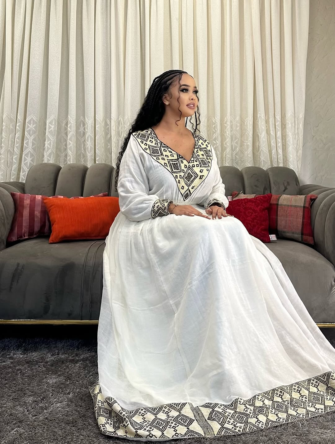 Ethiopian Dress – Modern White Cotton with silver Embroidery for Cultural Festivals