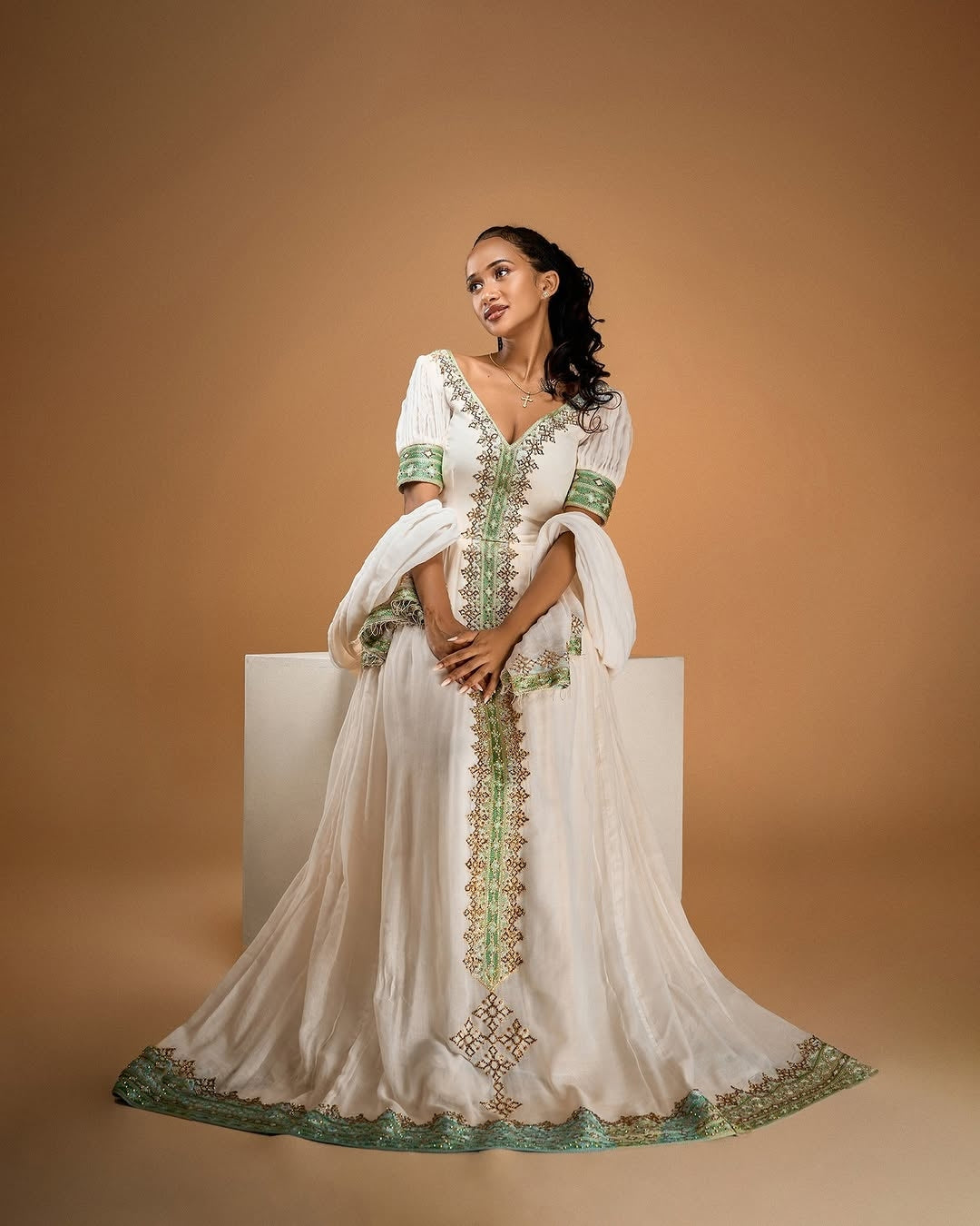 Green Habesha Zuria – Ethiopian Traditional Dress with Cross Design Embroidery for Ceremonies and Celebrations M