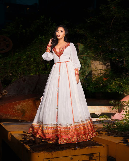 Habesha Kemis – White & stunning Red Modern Style for Engagements