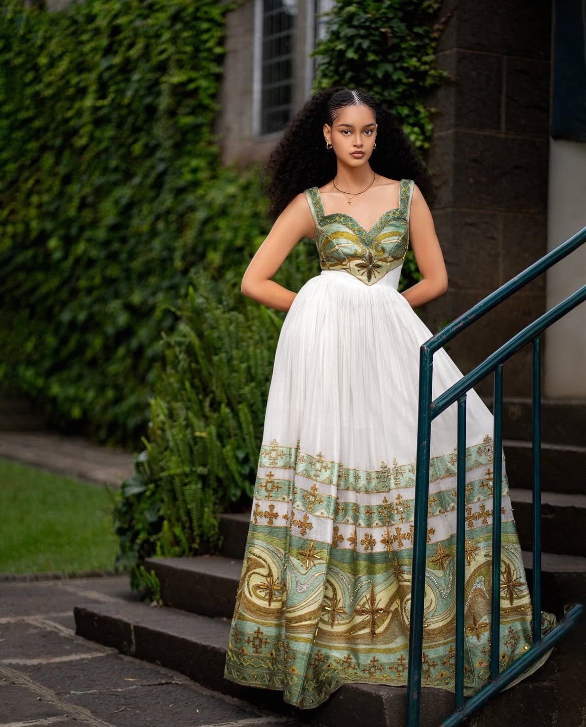 Modern Habesha Dress - Ethiopian Kemis - Green Tibeb Embroidery