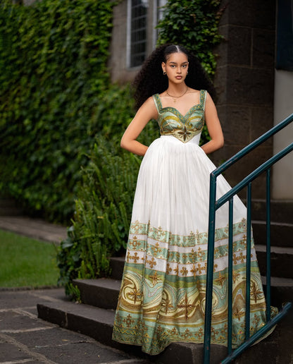 Modern Habesha Dress - Ethiopian Kemis - Green Tibeb Embroidery