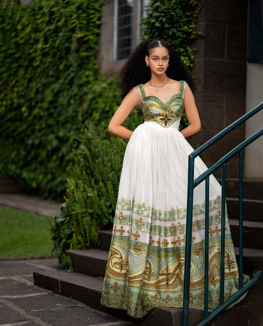 Modern Habesha Dress - Ethiopian Kemis - Green Tibeb Embroidery