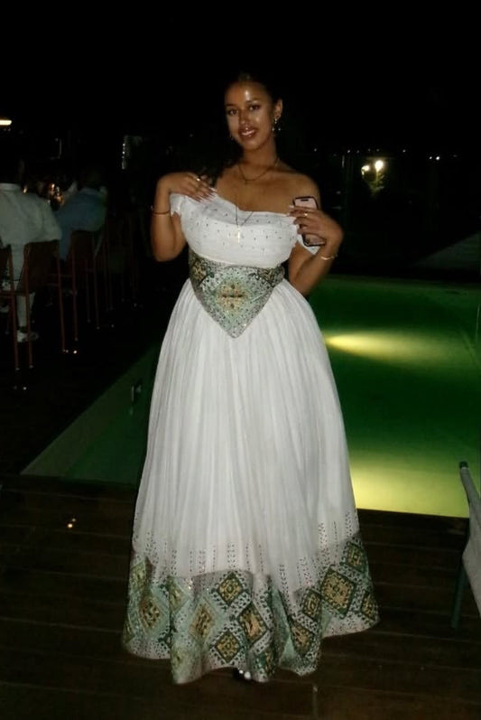 Elegant Light Green & White Habesha Dress - Traditional Ethiopian Attire for Festive Gatherings yaab.habesha