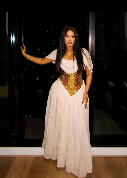 Custom corset Rose Gold and White Modern Habesha Dress with Flowing Drape