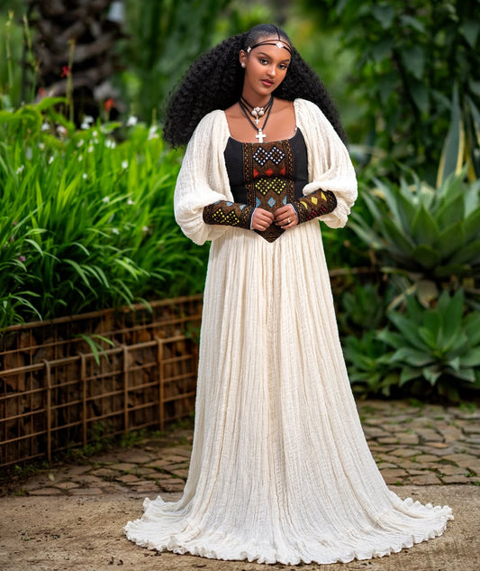 Beautiful Black and Colorful Habesha Tilet corset-style bodice Ethiopian Dress - Colorful Pattern Habesha Zuria