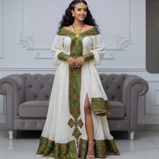 Custom Habesha Dress – Traditional Habesha Kemis with Pink Tibeb Embroidery + Matching Mens set