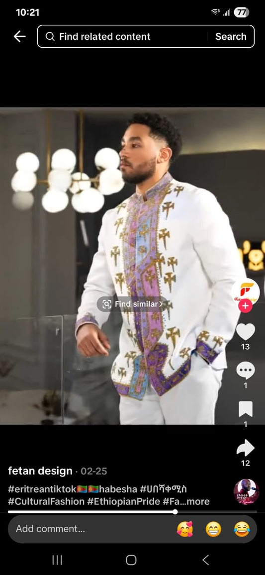Custom Habesha Dress – Traditional Habesha Kemis with Pink Tibeb Embroidery + Matching Mens set