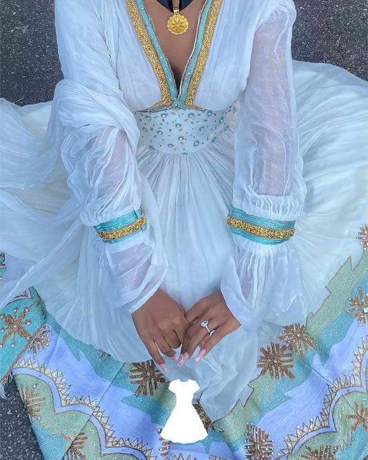 Beautiful & Simple Habesha Dress – Traditional Ethiopian Kemis with Green Tibeb Embroidery