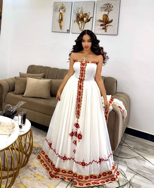 White Habesha Dress with Red Embroidery – Traditional Ethiopian Dress with Tilet Detailing