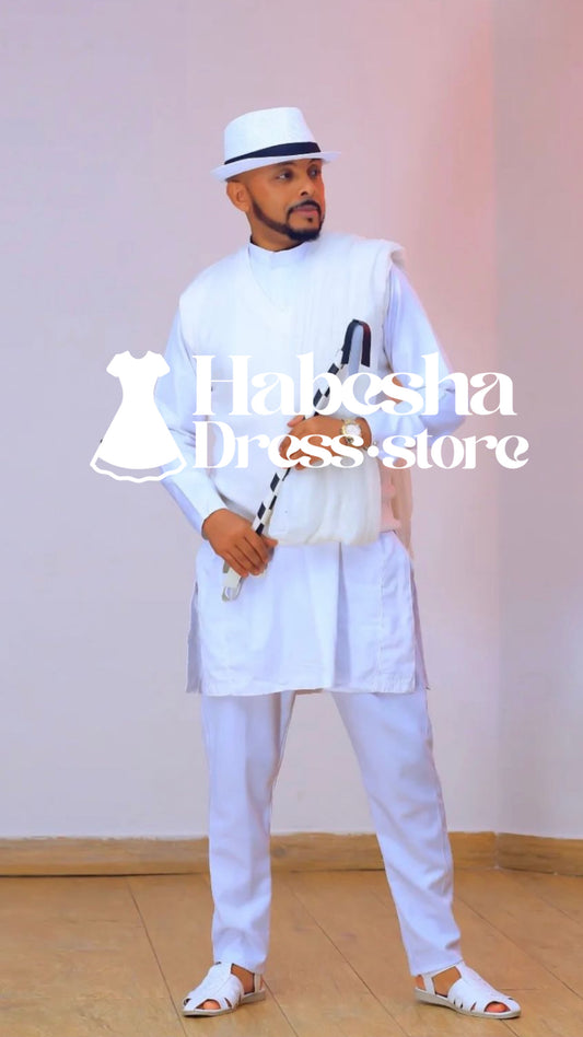 Mens White Habesha Dress Full Set including Shoes and Stick