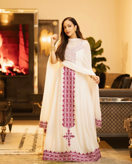 Purple Habesha Kemis Handwoven Cotton Tibeb Embroidery for Women
