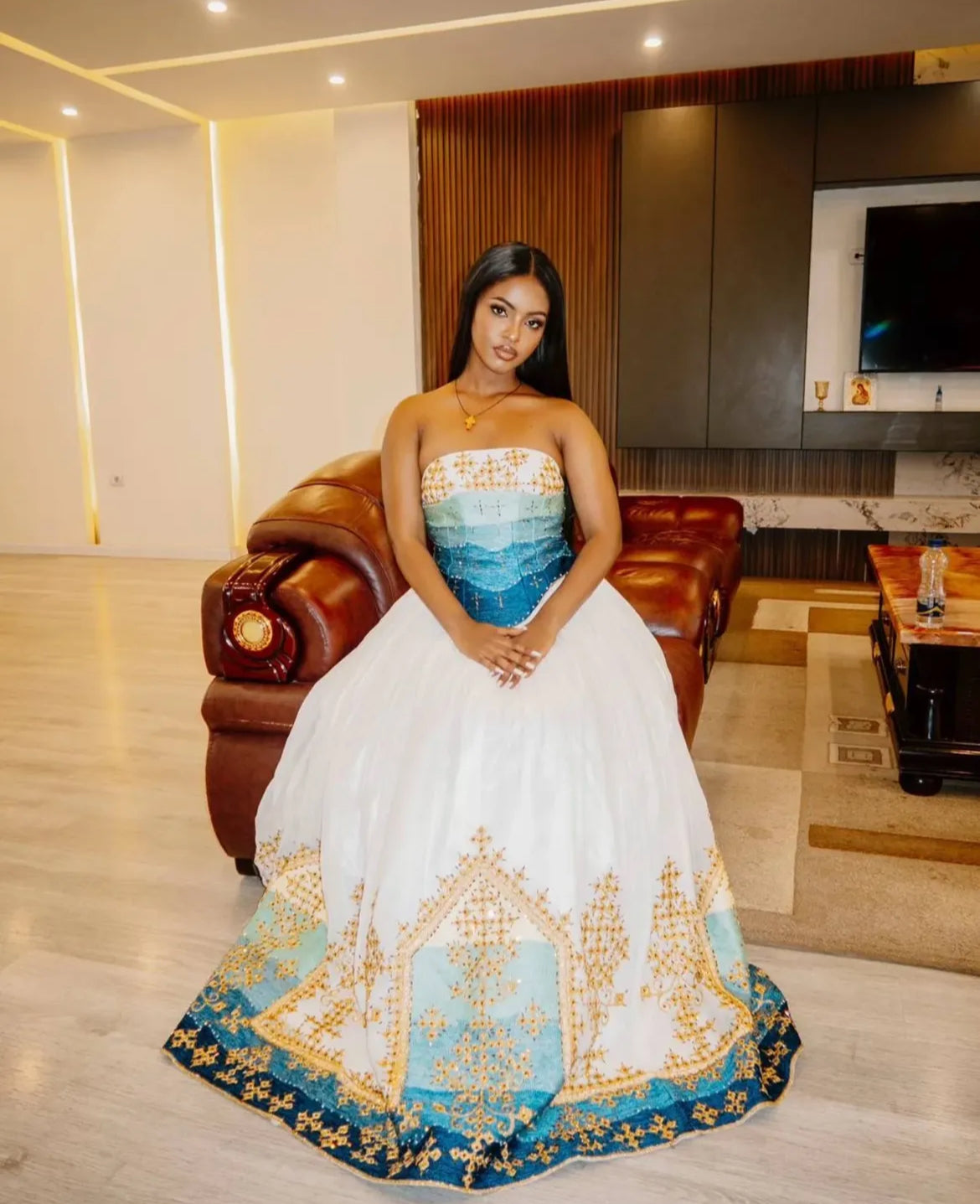 Beautiful White & Blue Habesha Dress - Captivating Modern Ethiopian Attire for Women yaab.habesha