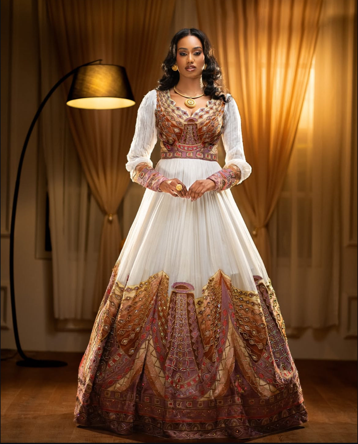Elegant White Ethiopian Dress with Red & Gold Embroidery - Modern Habesha Zuria yaab.habesha