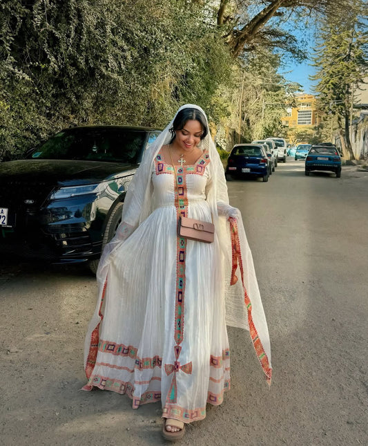 Elegant Ethiopian Dress – Handwoven Habesha Kemis with Gondar Tilf Embroidery