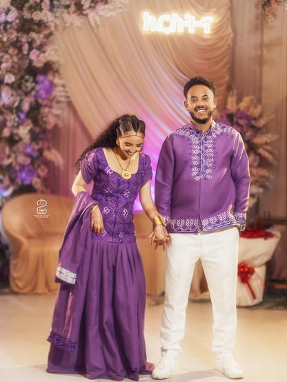 Purple Habesha Libs Matching Couple’s Set – Modern Ethiopian Outfit with Embroidered Bridal Kemis and Coordinated Groom Shirt for Engagement Celebrations