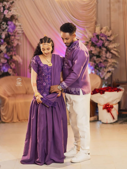 Purple Habesha Libs Matching Couple’s Set – Modern Ethiopian Outfit with Embroidered Bridal Kemis and Coordinated Groom Shirt for Engagement Celebrations