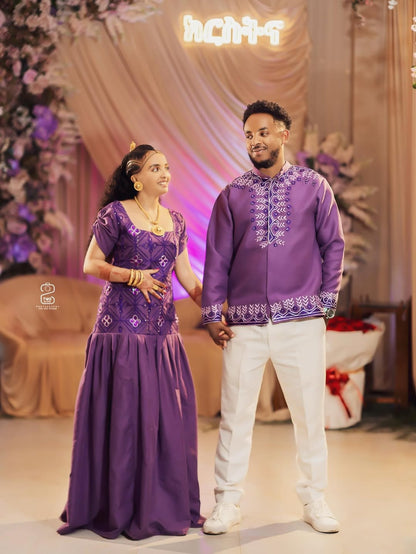 Purple Habesha Libs Matching Couple’s Set – Modern Ethiopian Outfit with Embroidered Bridal Kemis and Coordinated Groom Shirt for Engagement Celebrations