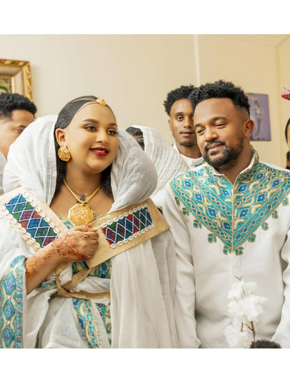 Green Ethiopian Matching Couple Set – Elegant Coordinated Habesha Outfits with Kaba for Bride & Groom Weddings and Melse Ceremonies