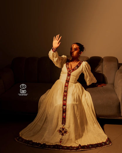 Brown Ethiopian Dress with Thin Tilet – Elegant Habesha Outfit for Weddings, Cultural Events, and Special Occasions