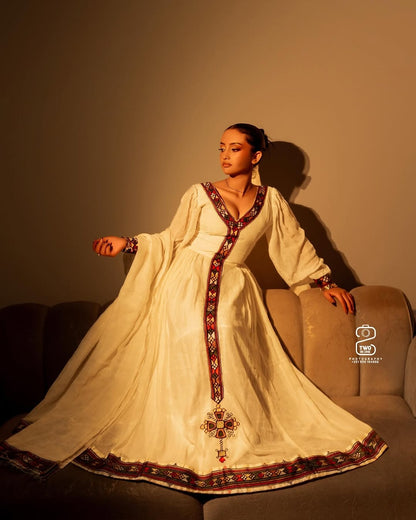 Brown Ethiopian Dress with Thin Tilet – Elegant Habesha Outfit for Weddings, Cultural Events, and Special Occasions