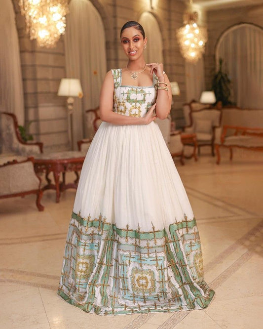 Habesha Kemis - Ivory Wedding Dress with green Handwoven Design