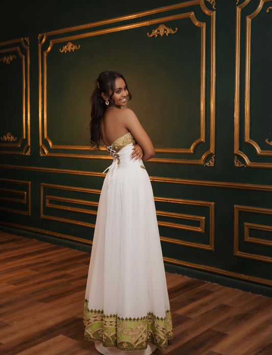 Ethiopian Habesha Dress for Women – White & Gold Cultural Dress with Traditional Embroidery