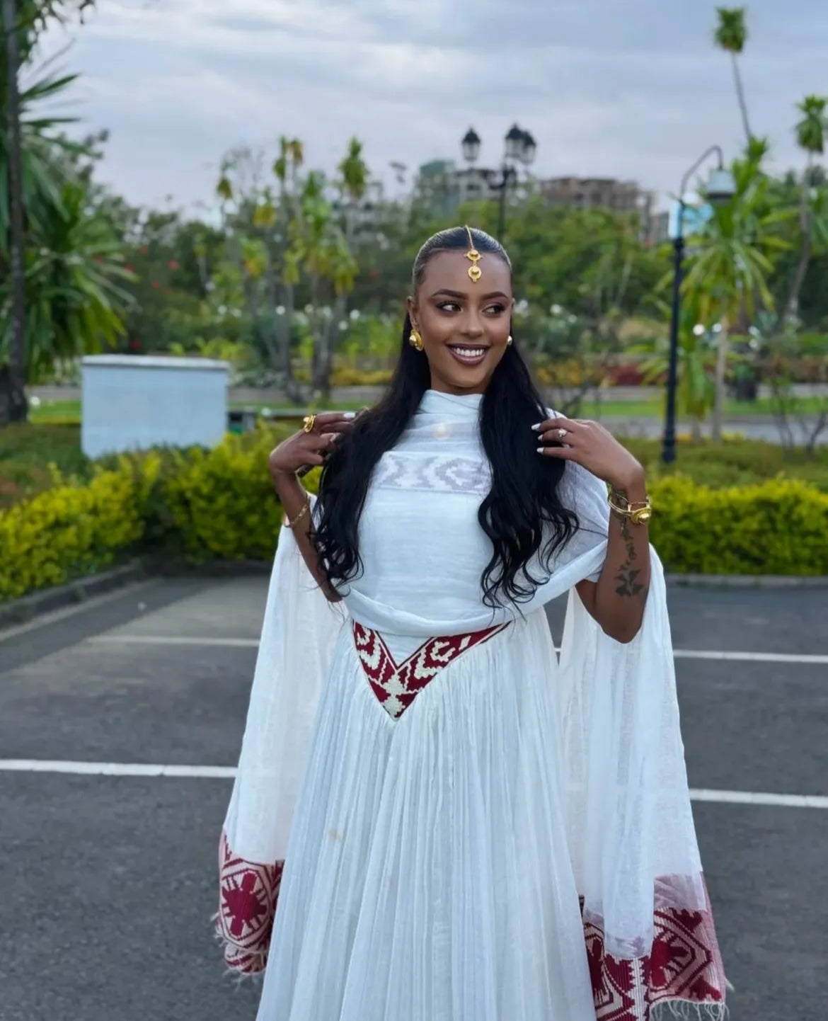 Simple yet Elegant Habesha Dress with Red Tibeb – Handwoven Ethiopian Traditional Dress for Women Bezawit
