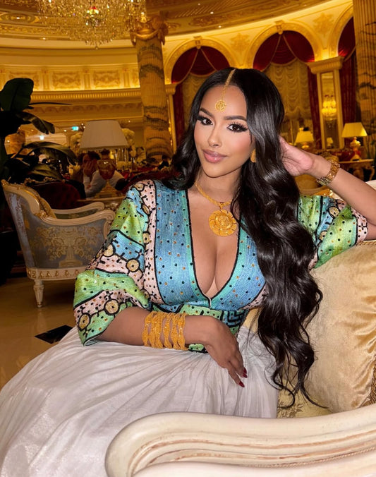 Elegant Green Habesha Wedding Dress – Traditional Ethiopian Kemis with Refined Tibeb
