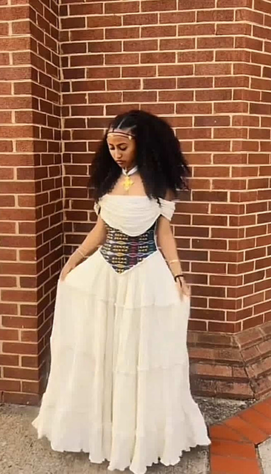 Custom(yanni) Beautiful corset-style bodice Ethiopian Dress - Colorful Pattern Habesha Zuria