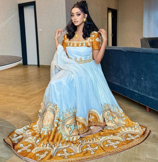 Elegant Ethiopian Dress - Habesha Kemis - Gondar Embroidery