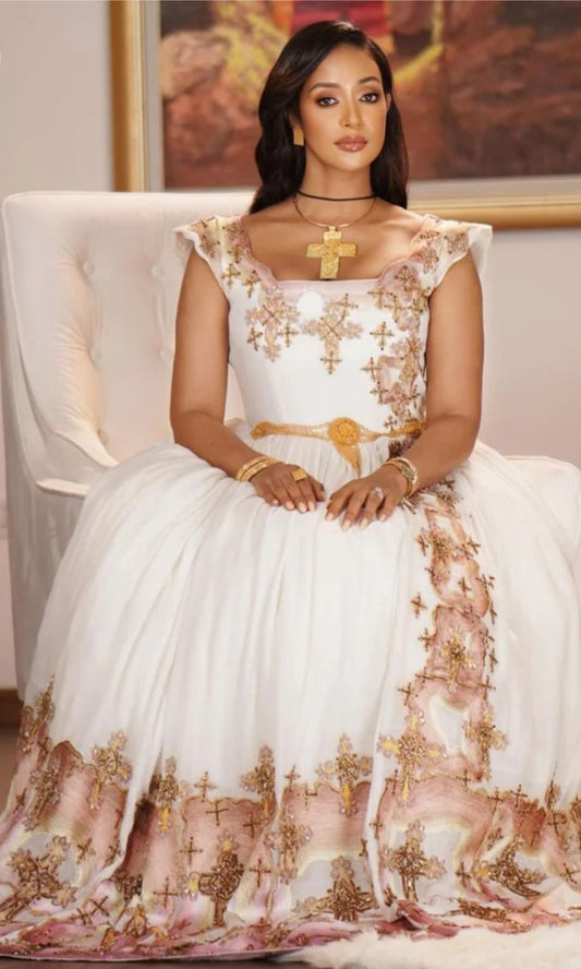 Habesha Libs – Modern Wedding Dress with Elegant pink Borders for Women