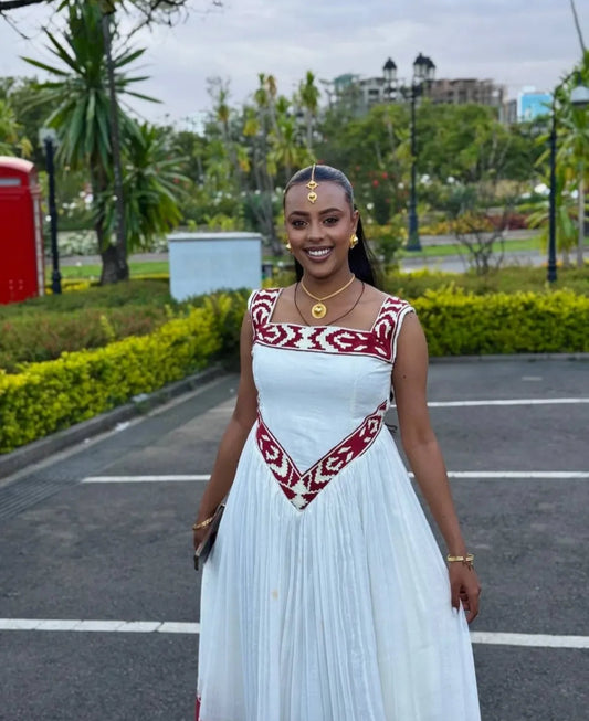 Simple yet Elegant Habesha Dress with Red Tibeb – Handwoven Ethiopian Traditional Dress for Women Bezawit