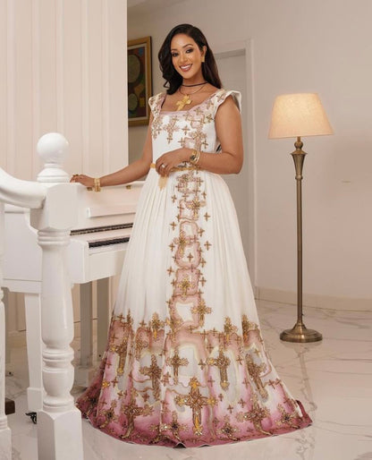 Habesha Libs – Modern Wedding Dress with Elegant pink Borders for Women