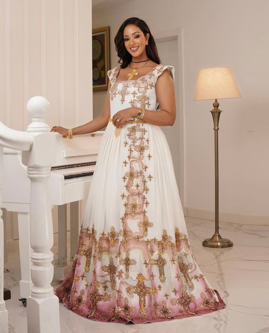 Habesha Libs – Modern Wedding Dress with Elegant pink Borders for Women