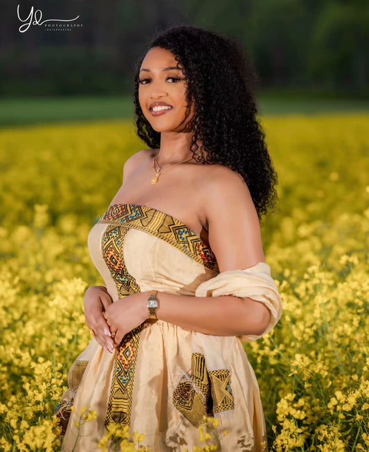 Simple yellow & Gold: Handmade Habesha dress Bezawit