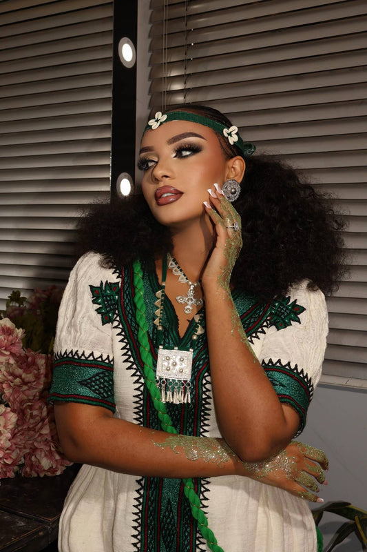 Beautiful Traditional Ethiopian Dress | Green embroidered Fetil Habesha Dress yaab.habesha